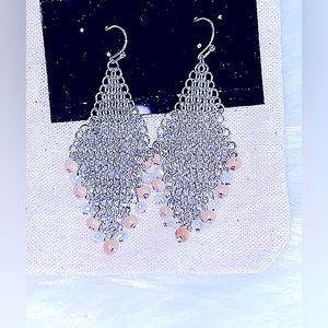 Classy» Silver Chain Linked Triangle+Beaded Classic Fish Hook Earrings Handmade